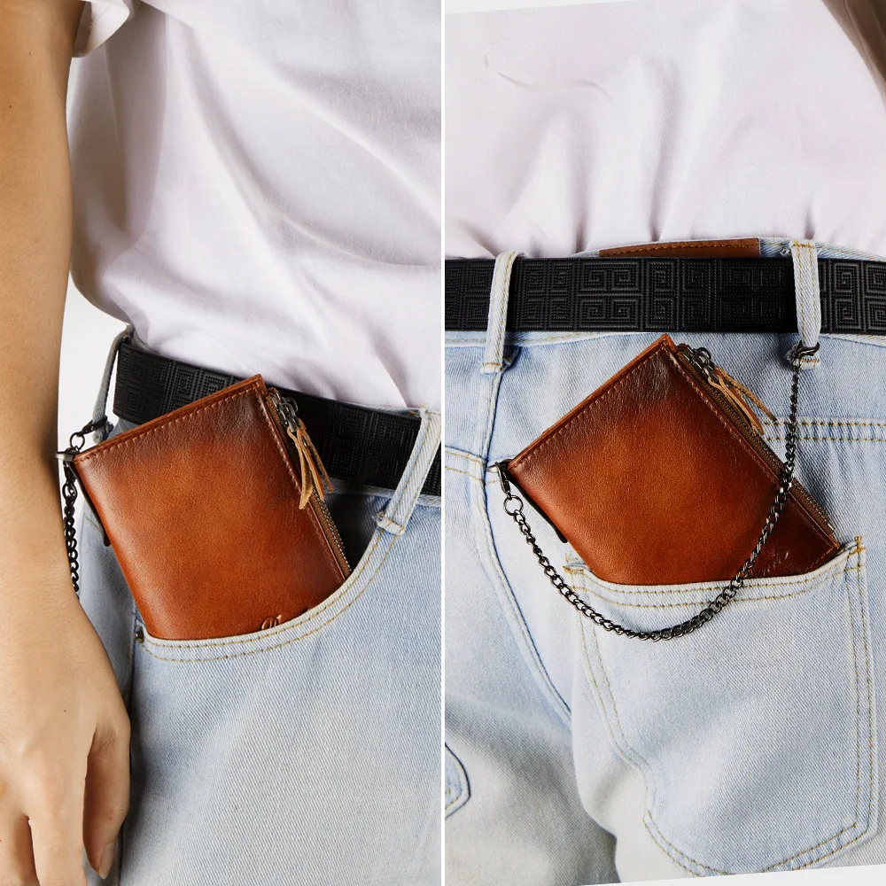 Visitenkartentasche aus echtem Leder, Kartentasche aus Rindsleder, RFID-Anti-Diebstahl-Karte, Führerschein, Kette, Reißverschluss, Geldbörse