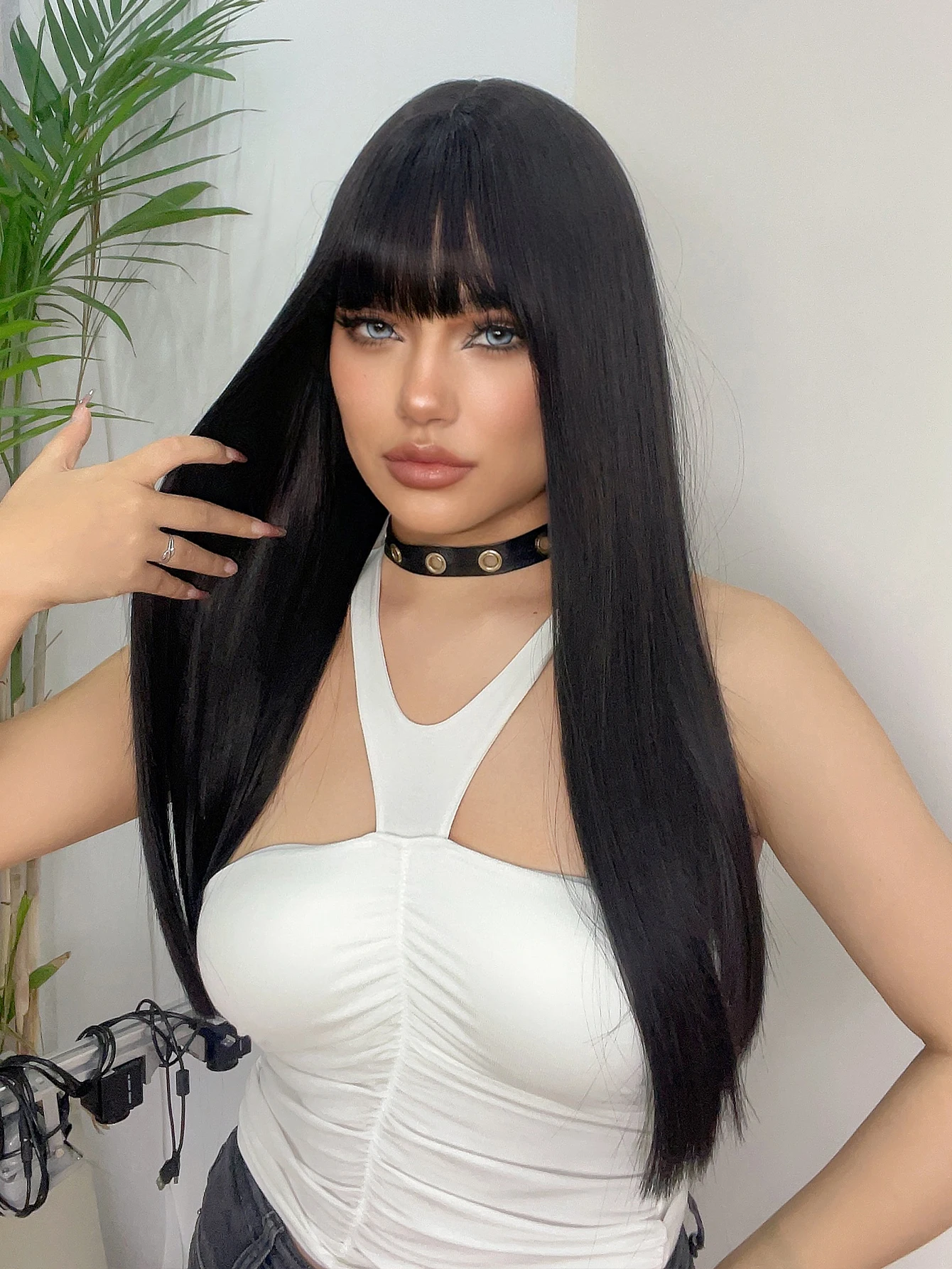 24Inch Black Color Synthetic Wigs With Bang Long Natural Straight Hair Wig For Women Daily Use Cosplay Party Heat Resistant