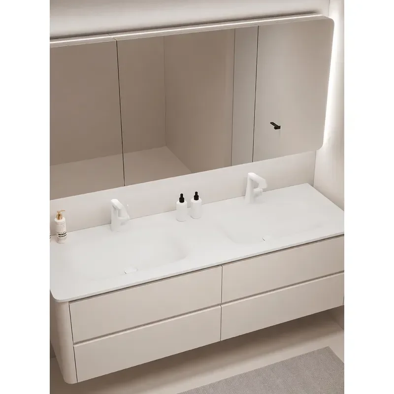 American Style Solid Surface Integrated Double Basin Bathroom Vanity Cabinet Oak Wood Washstand with Dual Sink and Storage