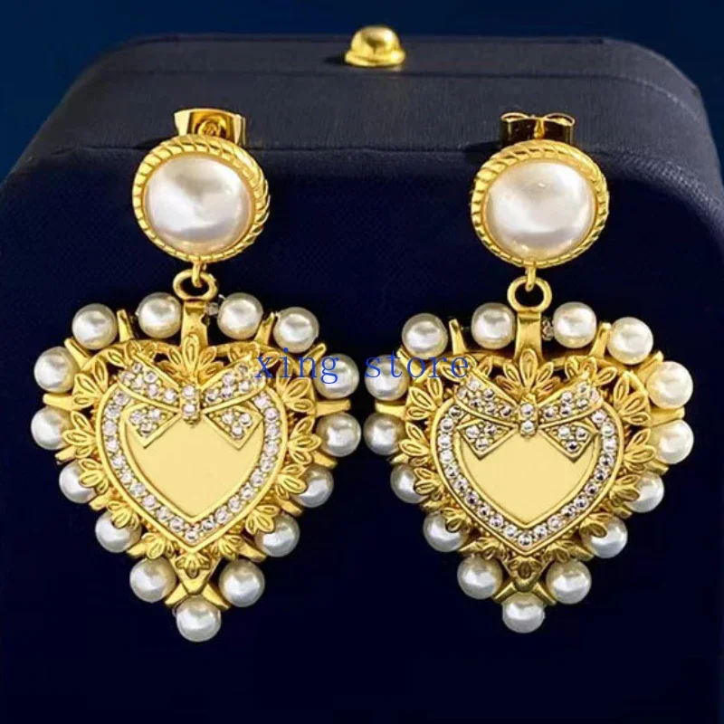 2025 New Fashion Retro Style Simulation Pearl Inlaid Heart shaped Pendant Earrings