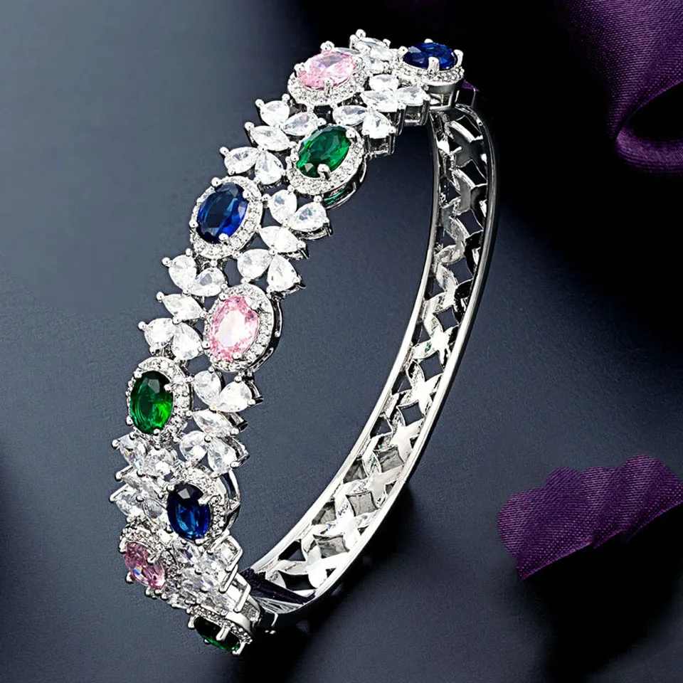 

zlxgirl Trendy Flower Designs zirconia Bangle For Women Wedding Full Cubic Zircon Crystal CZ Dubai Silver Color Party Bracelet