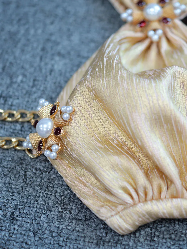 Vestido Midi Sexy ajustado y brillante, elegante, sin mangas, cadenas doradas, correas, estampado de lámina, corte, abertura larga, perlas adornadas, fiesta Coc