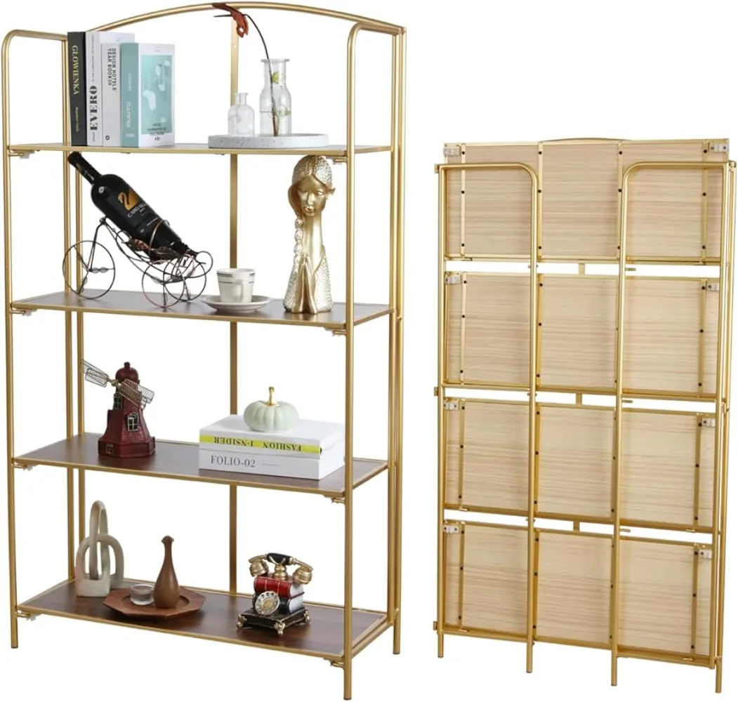 Crofy No Assembly Folding Bookshelf, 4 Tier Gold Bookshelf, Metal Book Shelf for Storage, Folding Bookcase