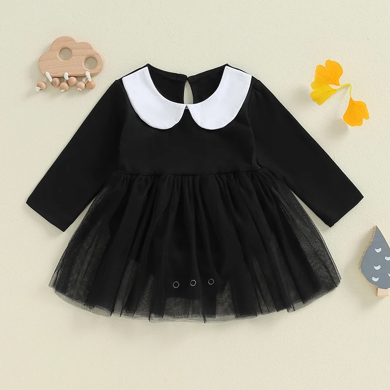 Infant Baby Girl Halloween Mesh Hem Romper Dress Long Sleeve Patchwork  Romper Playsuit Jumpsuits Newborn Clothes