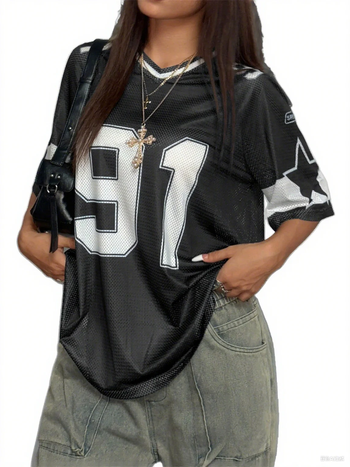 

Summer New Style Black 91 Print T-shirt for Women, V-neck Patchwork Short-sleeved Sports Football Jersey Y2K Loose Oversized Top