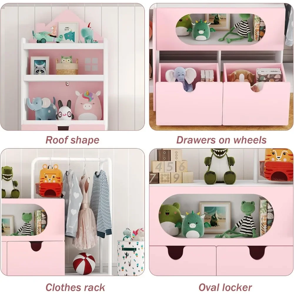 Modular Type Kids Bookshelf & Toy Storage with Two Movable Toy Box, 69" Large Toy Storage Organizer with Clothes Rack