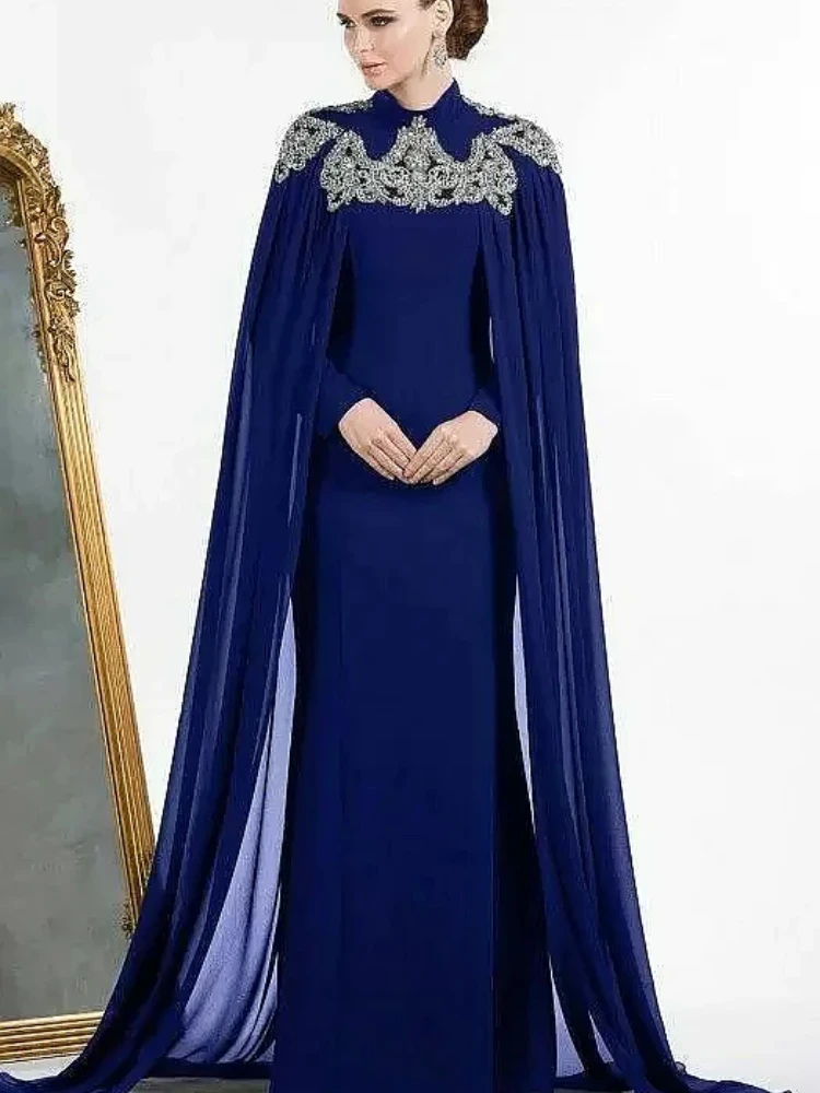 Arabic Dubai Long Sleeves Evening Dresses With Cape Beaded High Neck Kaftan Moroccon Mother Long Formal Party Prom Gowns