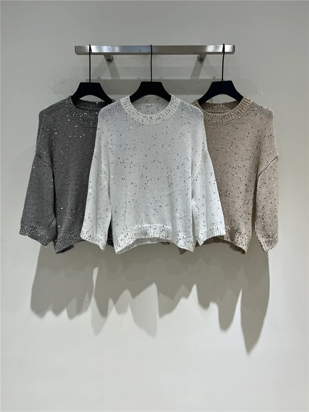 

Women's Crew Neck Sequin Linen Knit Sweater Stylish Elegant Long-Sleeve Pullover Top