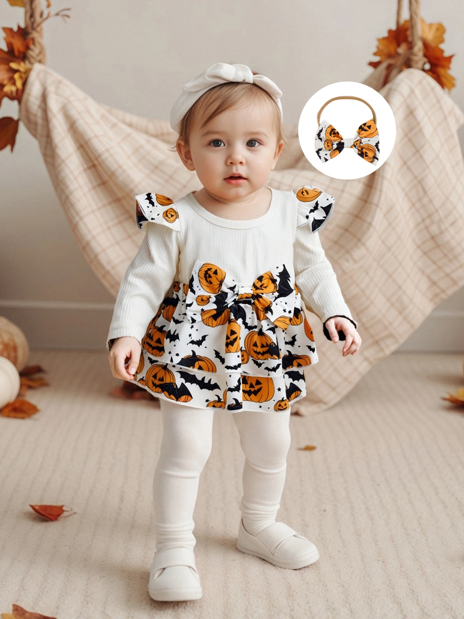 

Infant Halloween Costume Set with Long Sleeve Pumpkin Print Romper Skirt and Headband - Adorable Newborn Outfit for Baby Girl