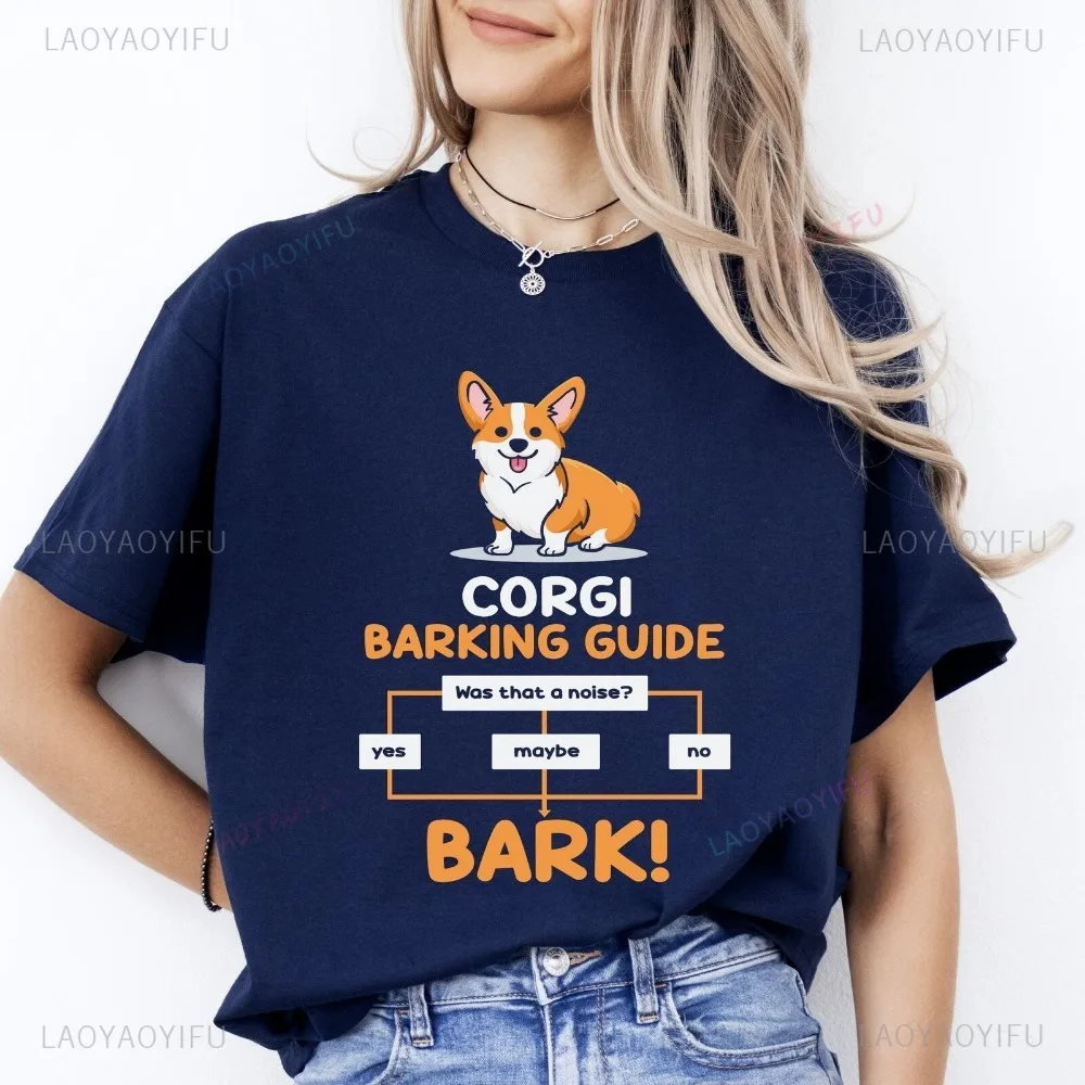 Corgi Barking Guide for Dog Lovers Cotton T-shirt Gift Funny Corgi Mom Unisex T-shirts Comfy Crewneck Short Sleeve