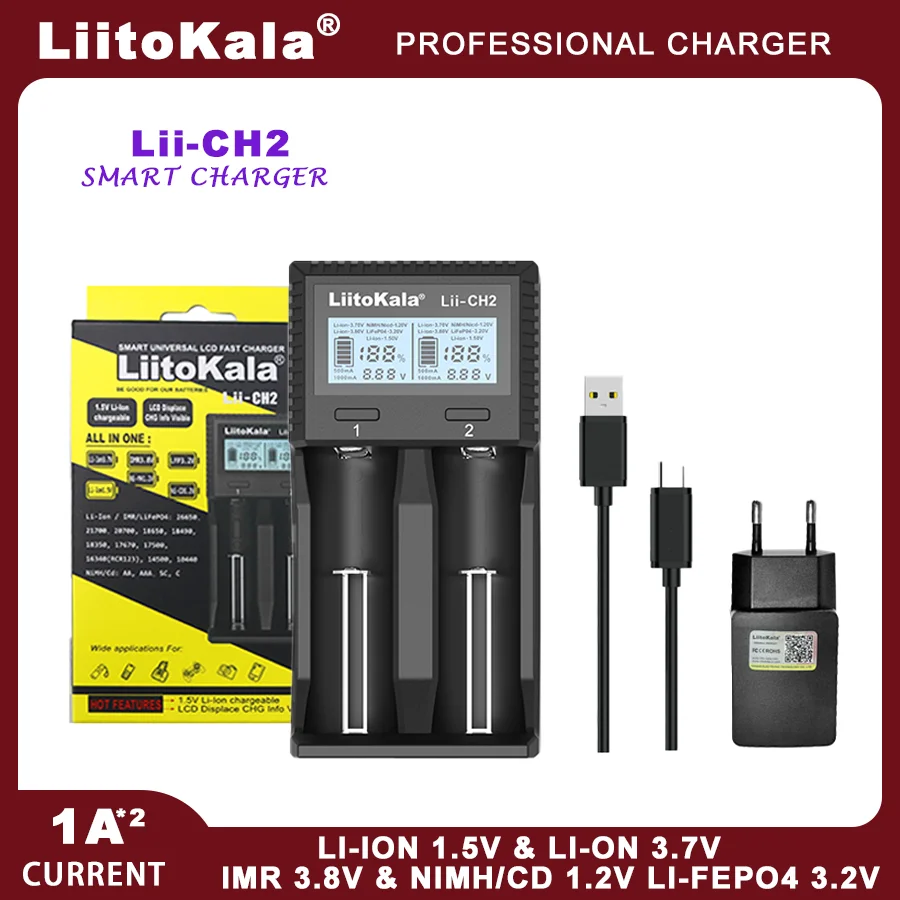 LiitoKala Lii-D4XL  Lii-CH2  21700 18650 3.7V Li-ion 3.2V LiFePO4 1.2V NiMH/Cd 26650 26700 32700  9V LCD Display Battery Charger