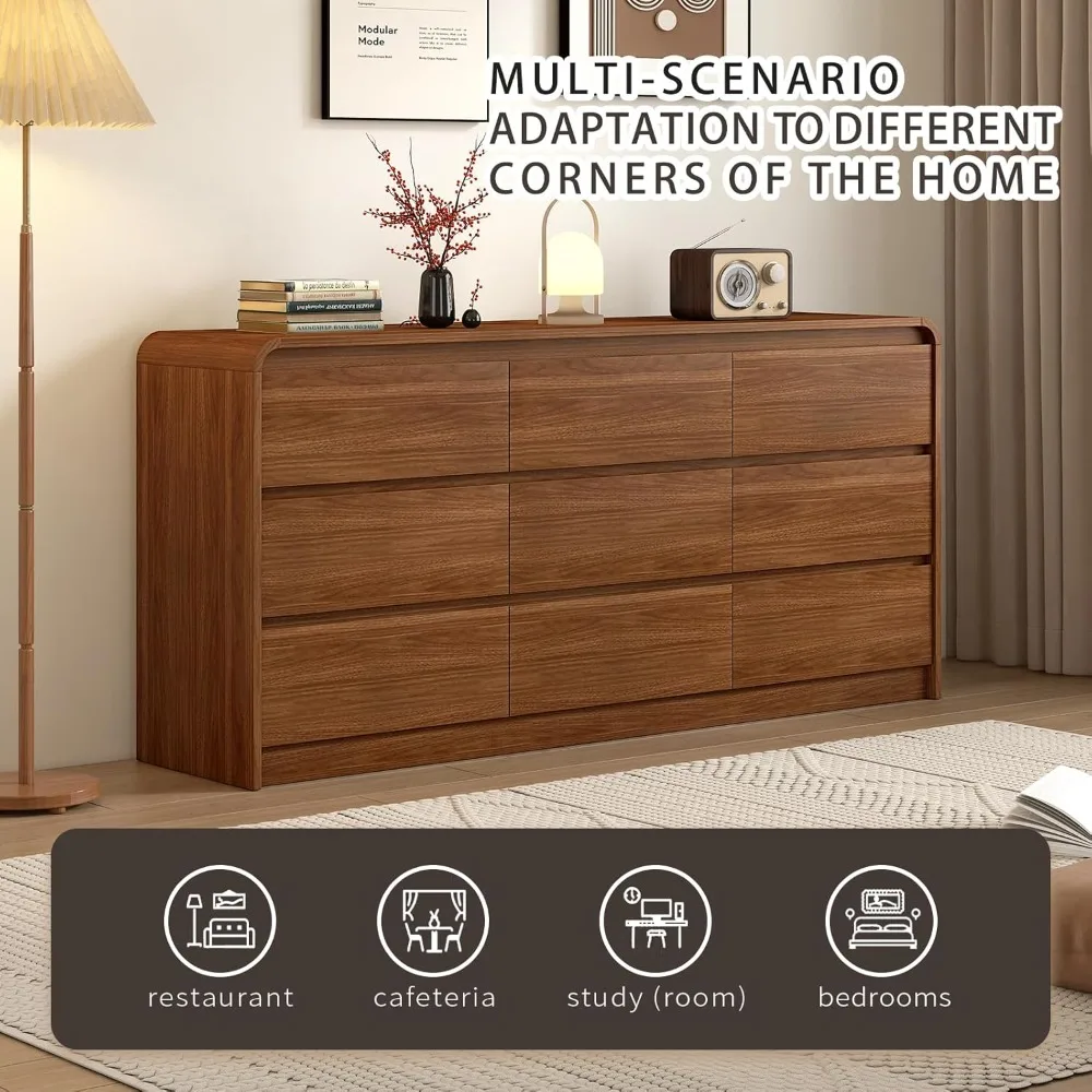 خزانة ذات 9 أدراج، خزانة ذات أدراج خشبية مقاس 63 بوصة، تصميم منحني مضاد للتصادمات، خزانة تخزين منتصف القرن، مضمنة مسبقًا