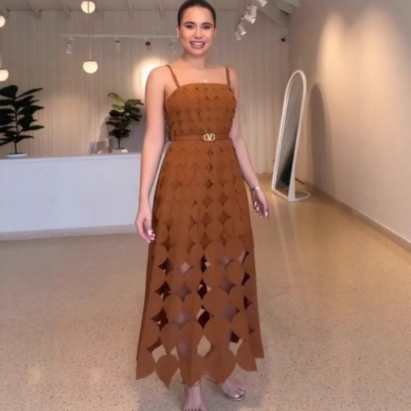 Summer 2025 High Waist Strap Hollow Printed Fashion Dress Elegant Style for Women