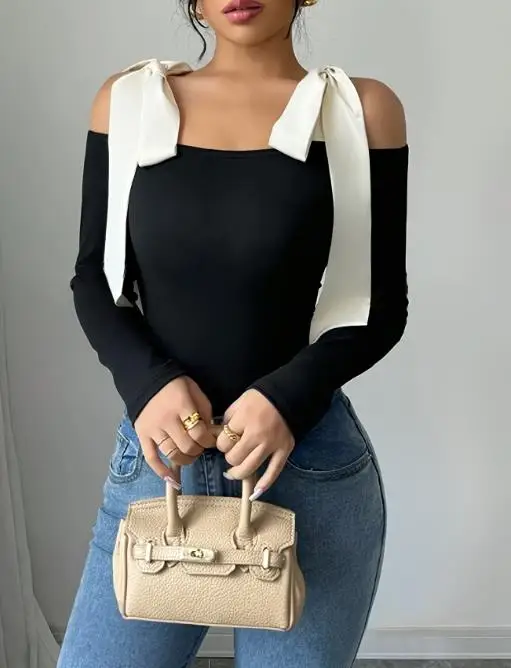 

Осенний новый модный и элегантный топ-бретелька с цветными блоками и галстуком-бабочкой, женский темпераментный облегающий топ-бретелька с длинными рукавами