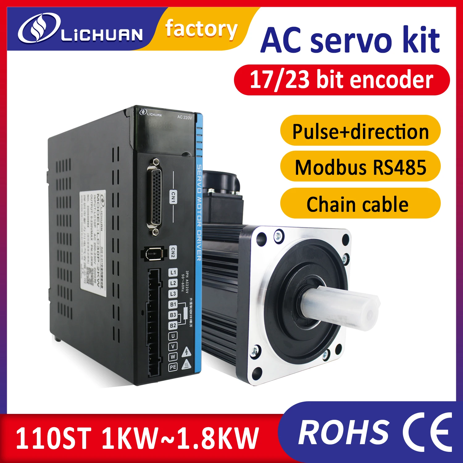 Lichuan servo motor 1.2KW 1.5KW 1.8KW servo driver kit 110ST 4Nm 5Nm 6Nm 3000rpm 220v ac motor for CNC milling machine