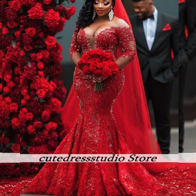 

Charming Red Sequin Wedding Dresses African Off The Shoulder Bridal Gowns Tiered Ruffles Vestidos De Novia Females Customized