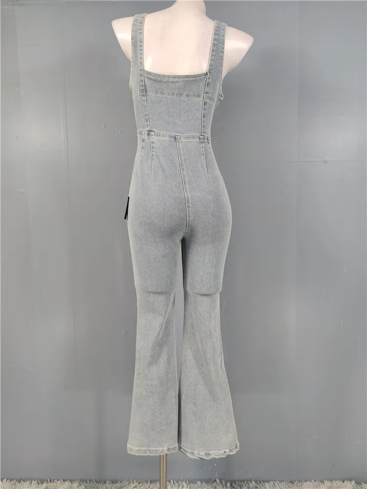 

Sexy Chic High Waist Bell Bot Overalls Faionable Autumn New Arrival Single LU Women's Denim Rer with Straps