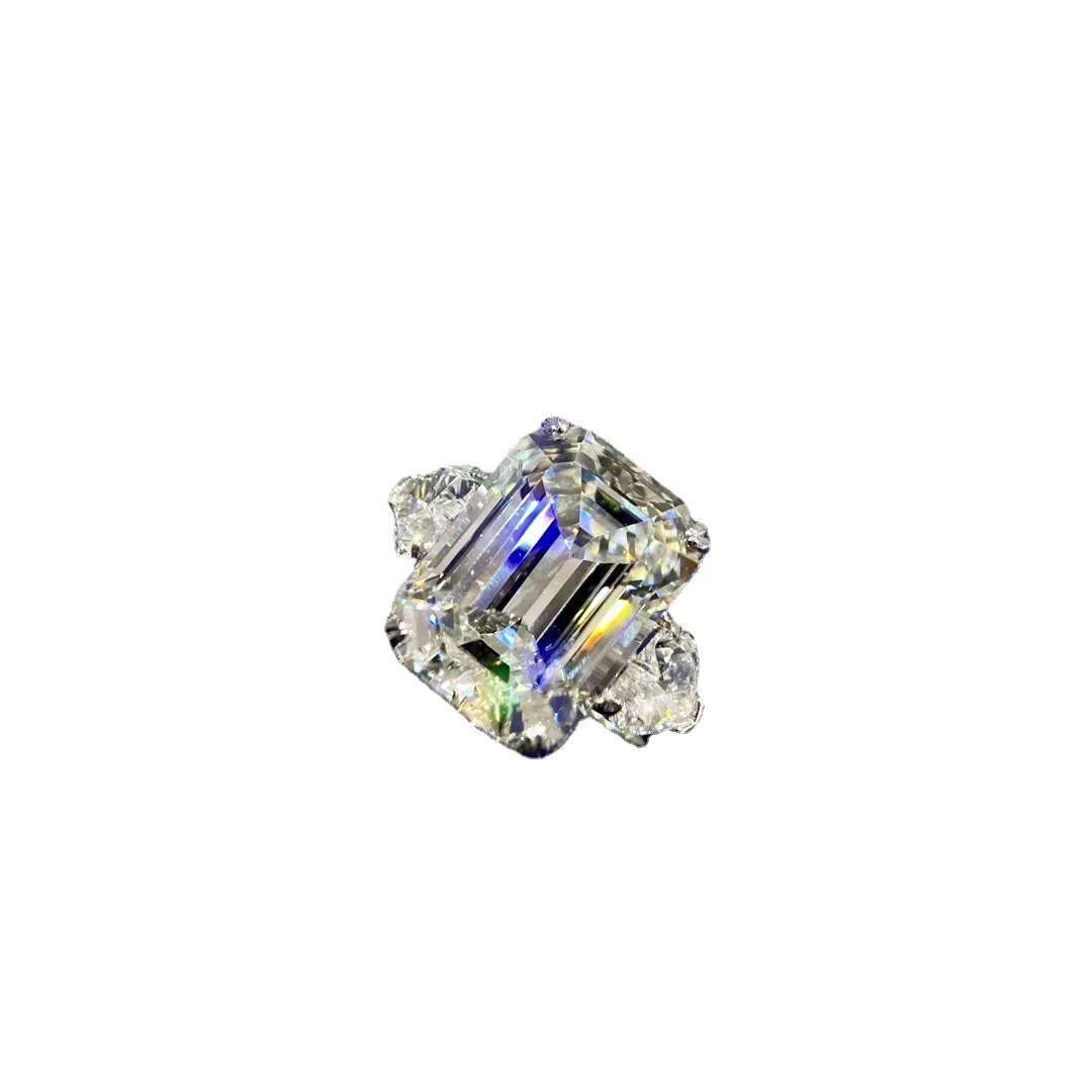 

12 Carat Large Diamond Ring European And American Large Carat Simulation Diamond Ring S925 Silver Rectangular Pagoda Cutting Par