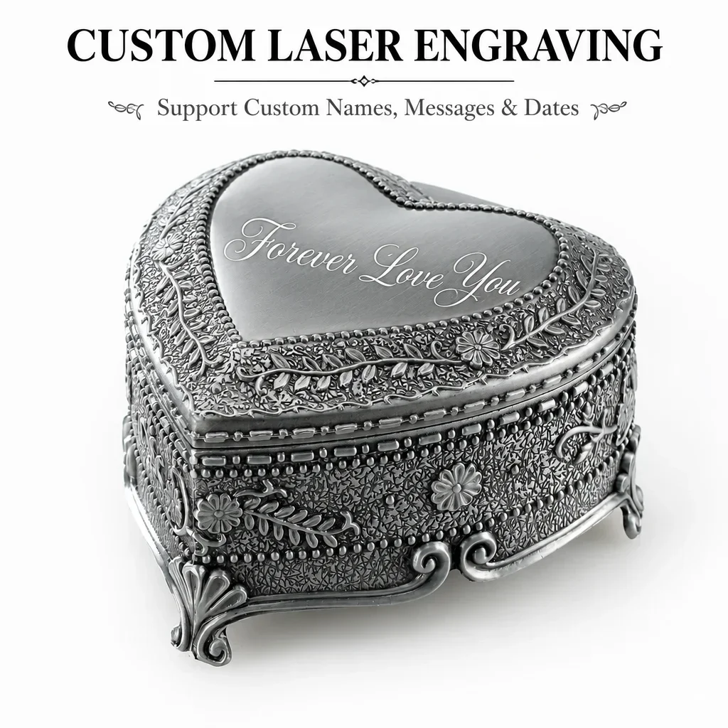 Vintage Silver Musical Box with Custom Engraving,Ornate Keepsake Gift for Her Women Mom Wife, Christmas, birthday, New Yeargifts