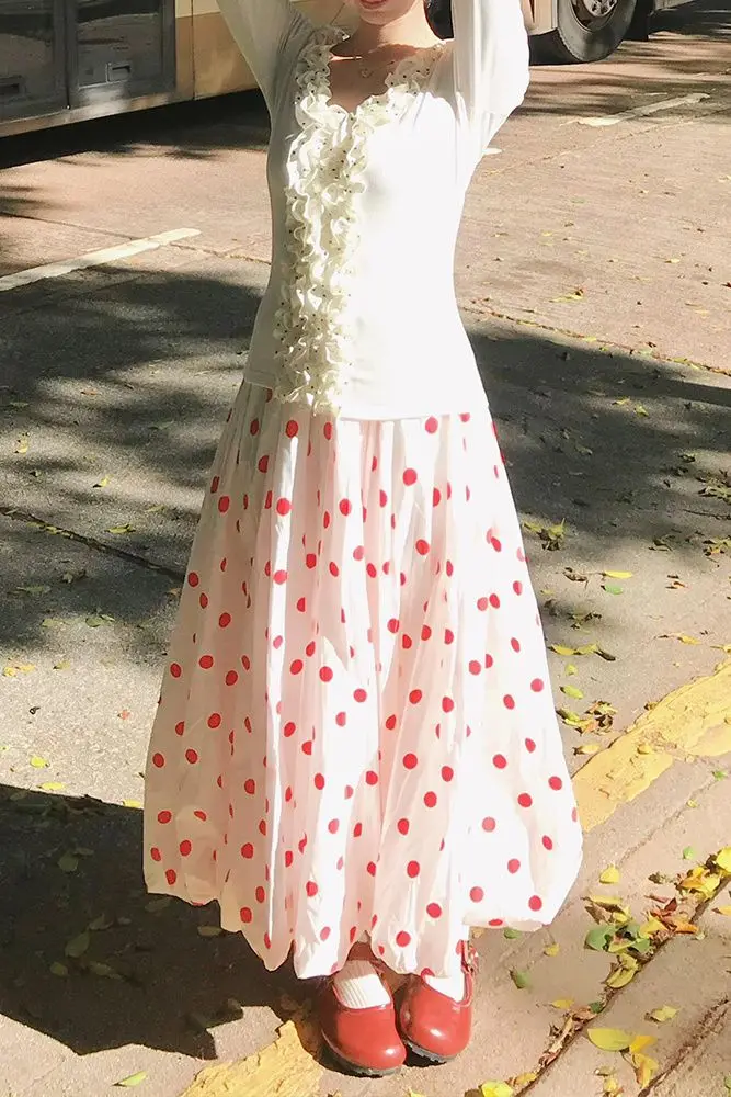 Red Polka Dot Half Body Women Fluffy Flower Bud Bubble Long Skirt Slimming Loose Spring Autumn High Waist A-line Skirts