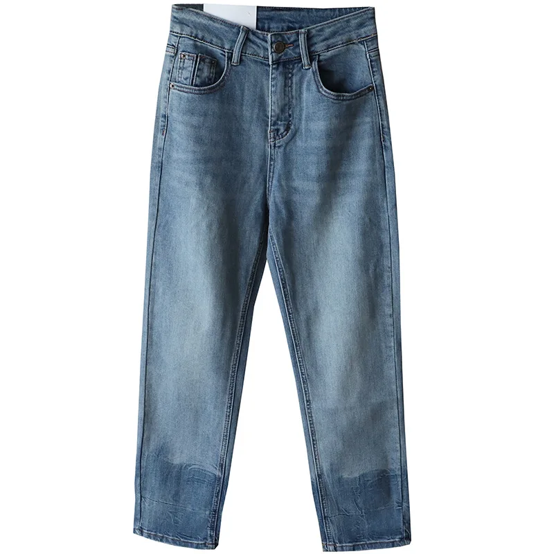 Pantaloni a sigaretta in denim di piccole dimensioni versatili a vita alta Pantaloni da donna a nove punti con gamba dritta che dimagriscono il pane francese Primavera Aut...