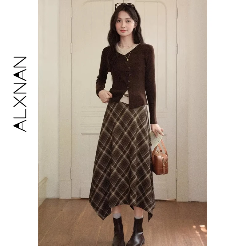 ALXNAN Damenrock, kariert, hohe Taille, unregelmäßiger Saum, A-Linie, 2025, Herbst, schlanker, Damen, sanfte weibliche lange Röcke, L57278