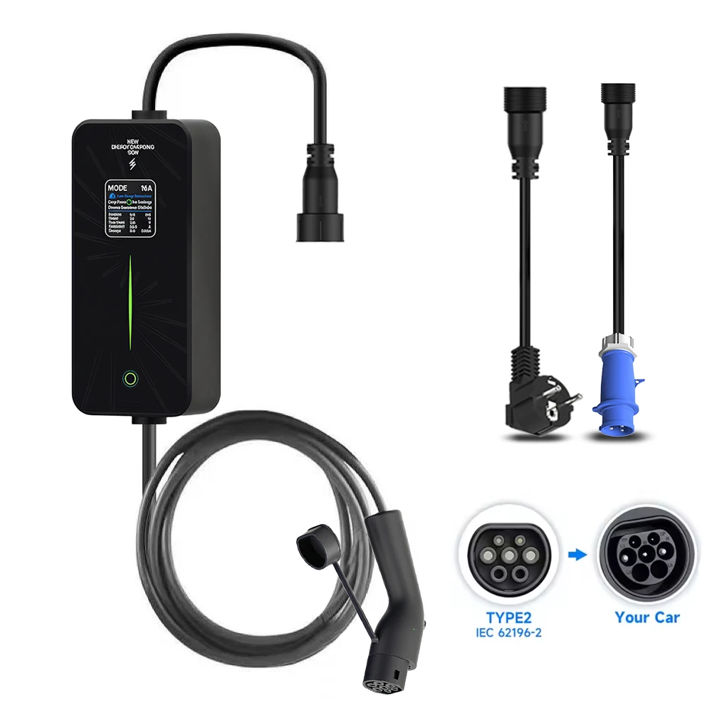 Type2 GBT 7KW Portable EV Charger 3M-10M Cable EVSE Charging CEE Plug for Electric Car 13A-16A-20A-24A-32A Adjustable Current