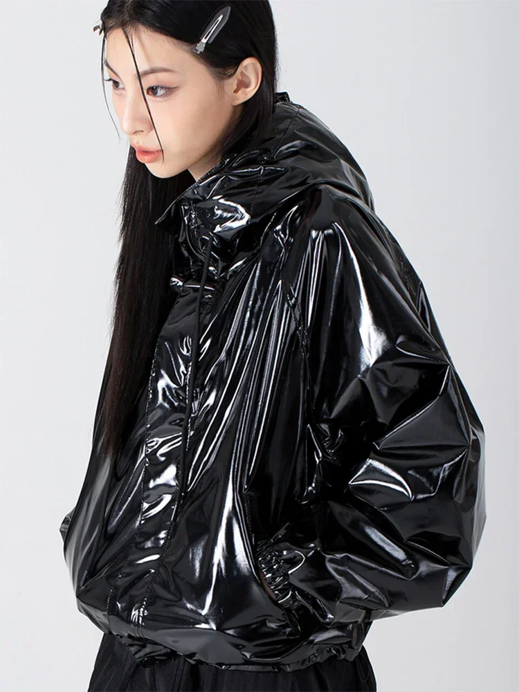 Shiny Patent Leather Flight Jacket Coat Women Gothic Faux Leather Hooded Overcoat Pocket Long Sleeve PVC Raincoat New Custom