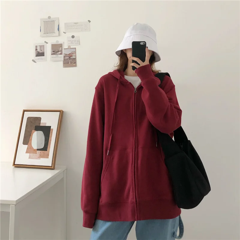 Loose Brick Red Black Gray Hoodies Female Zip-up Tracksuit Autumn Harajuku Cool Street Fashion Women\'s Sweatshirt M-XXL