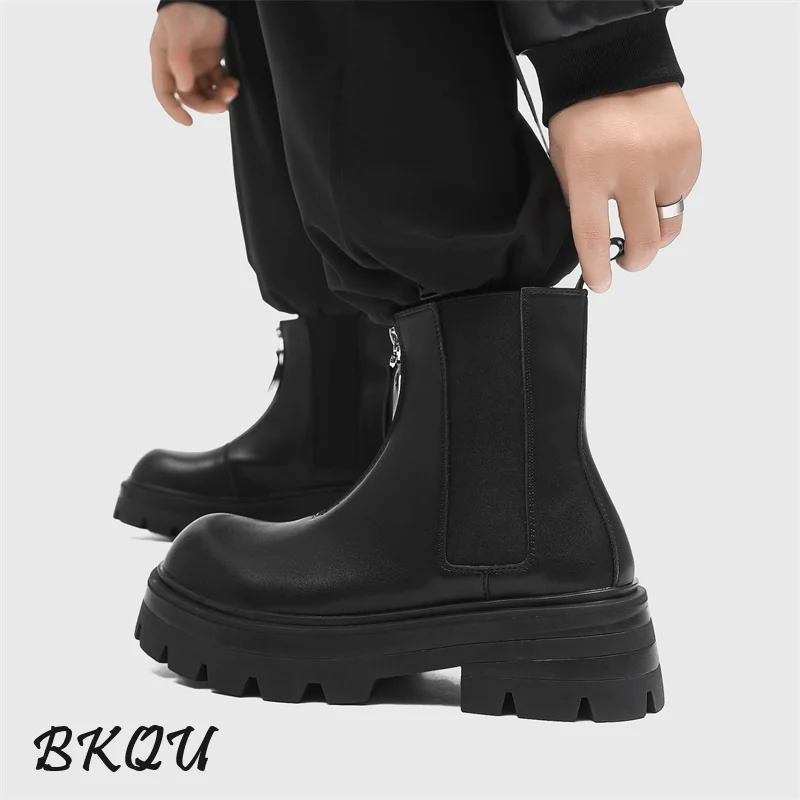 BKQU Chelsea Boots Men 2024 autumn English high locomotive thick sole mid-help knight height leather smoke boots