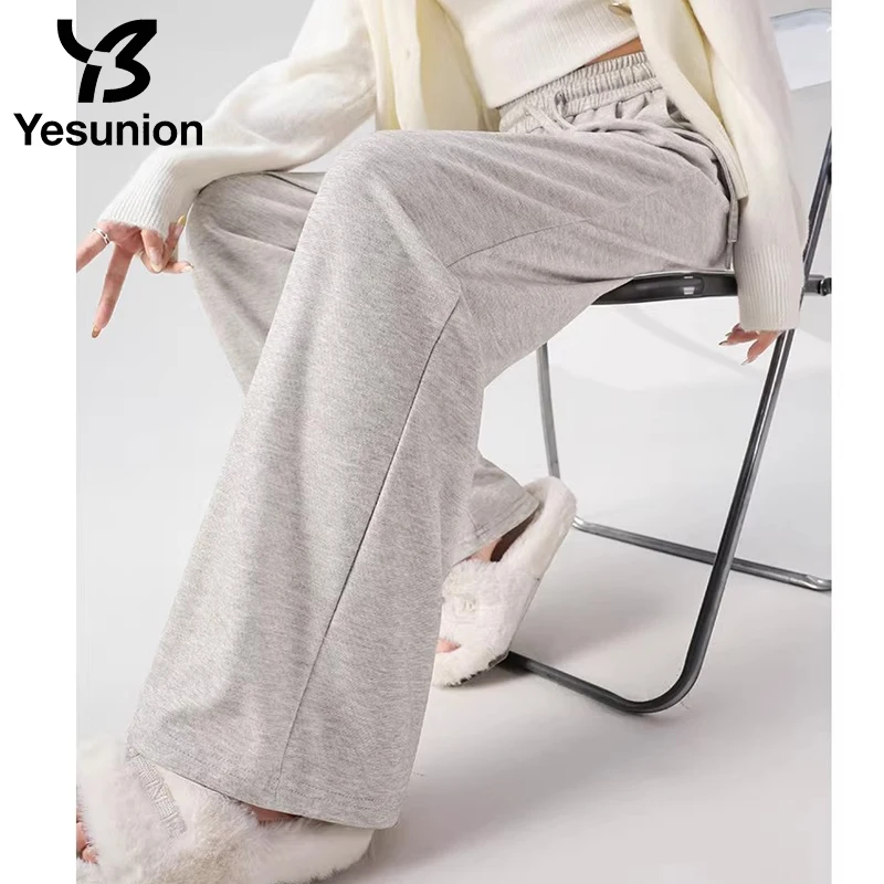 YESUNION رمادي بنطال ذو قصة أرجل واسعة الرباط المرأة عادية ربيع الخريف Sweatpants ملابس العمل واسعة الساق بنطلون رياضي Sweatpants