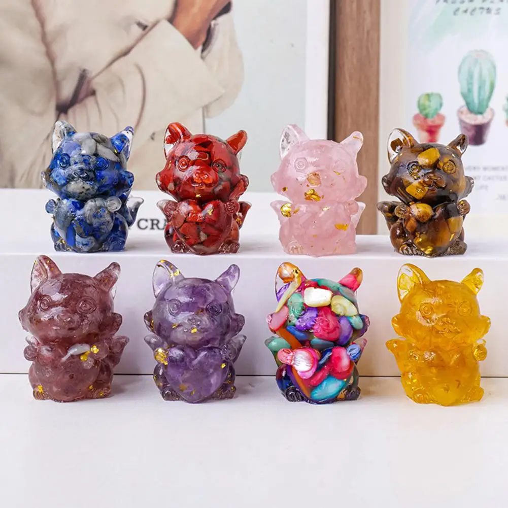 Natural Stone Nine-tailed Fox Figurine Positive Healing Energy Hand-carved Colorful Faux Crystal Love Heart Animal Statue Deskto