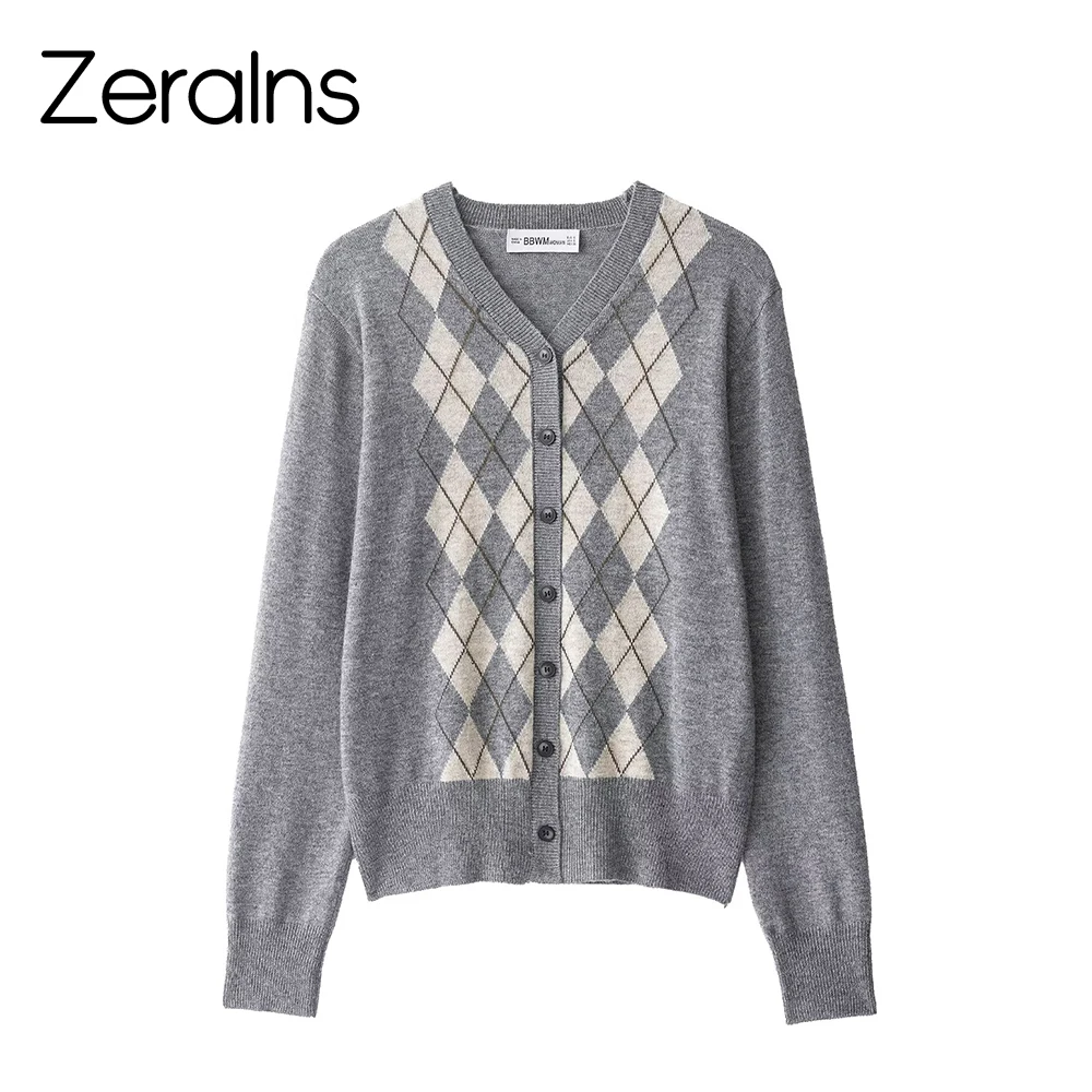 

ZERAINS Autumn new casual style fashionable diamond print V-neck single breasted knitted cardigan women's jacket