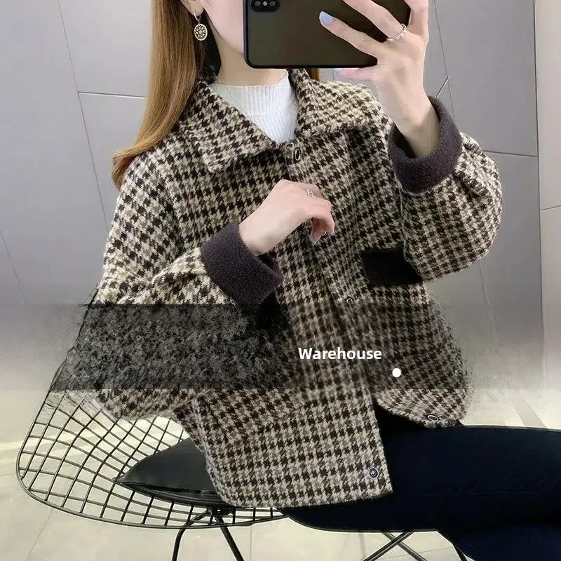 

Весна 2024: Женское шерстяное пальто в клетку, повседневное, теплое, модное, укороченное, в корейском стиле, на пуговицах, с длинным рукавом, свободного кроя