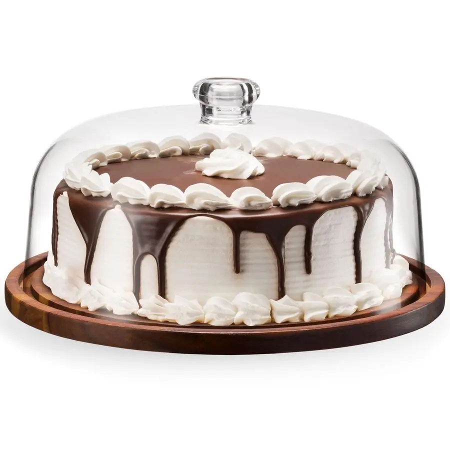 

Cake Stand, Cake Plate Server Platter with Dome, Acacia Wood and Shaterproof Acrylic Lid