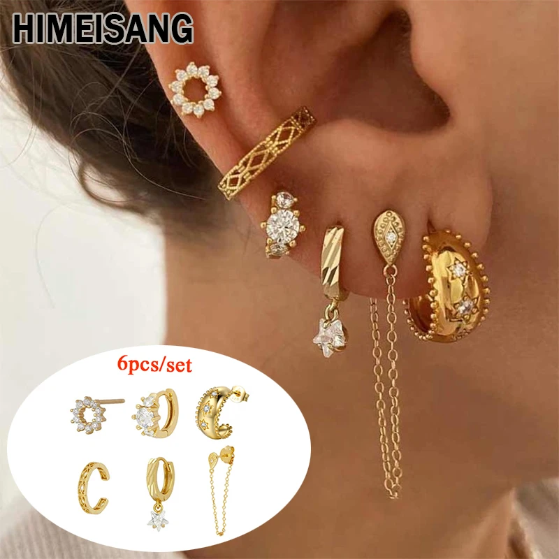 HIMEISANG Wholesale 925 Sterling Silver Earcuff Star Zircon Golden Hoop Earrings for Women Fashion Dangle Stud Earrings Jewelry