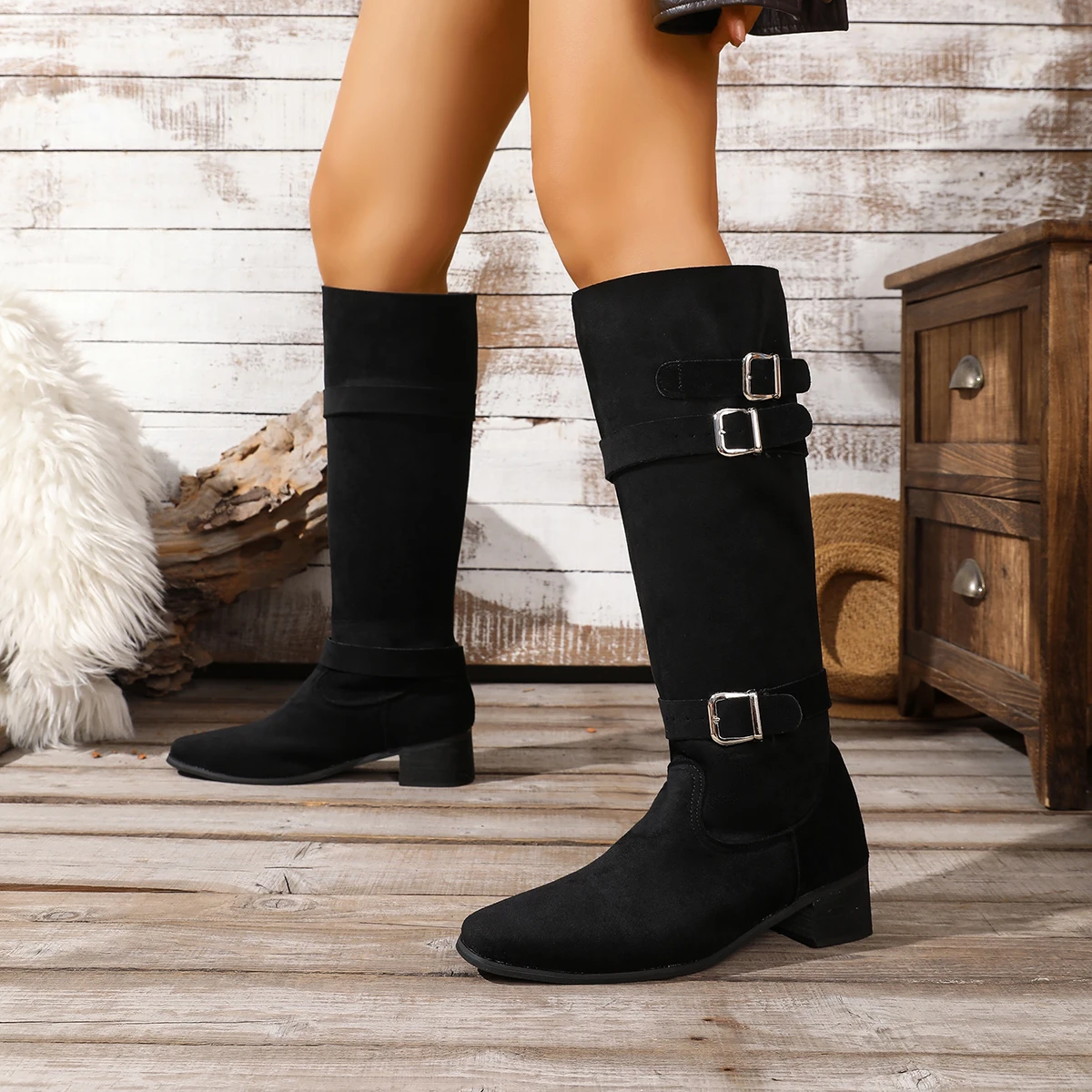 أحذية عالية من جلد الغزال الكاكي بتصميم عتيق مع زخرفة بإبزيم معدني متعدد، أحذية نسائية بكعب سميك، مقدمة مدببة، أحذية طويلة للتخسيس ومتعددة الاستخدامات على الطراز الأوروبي والأمريكي #6