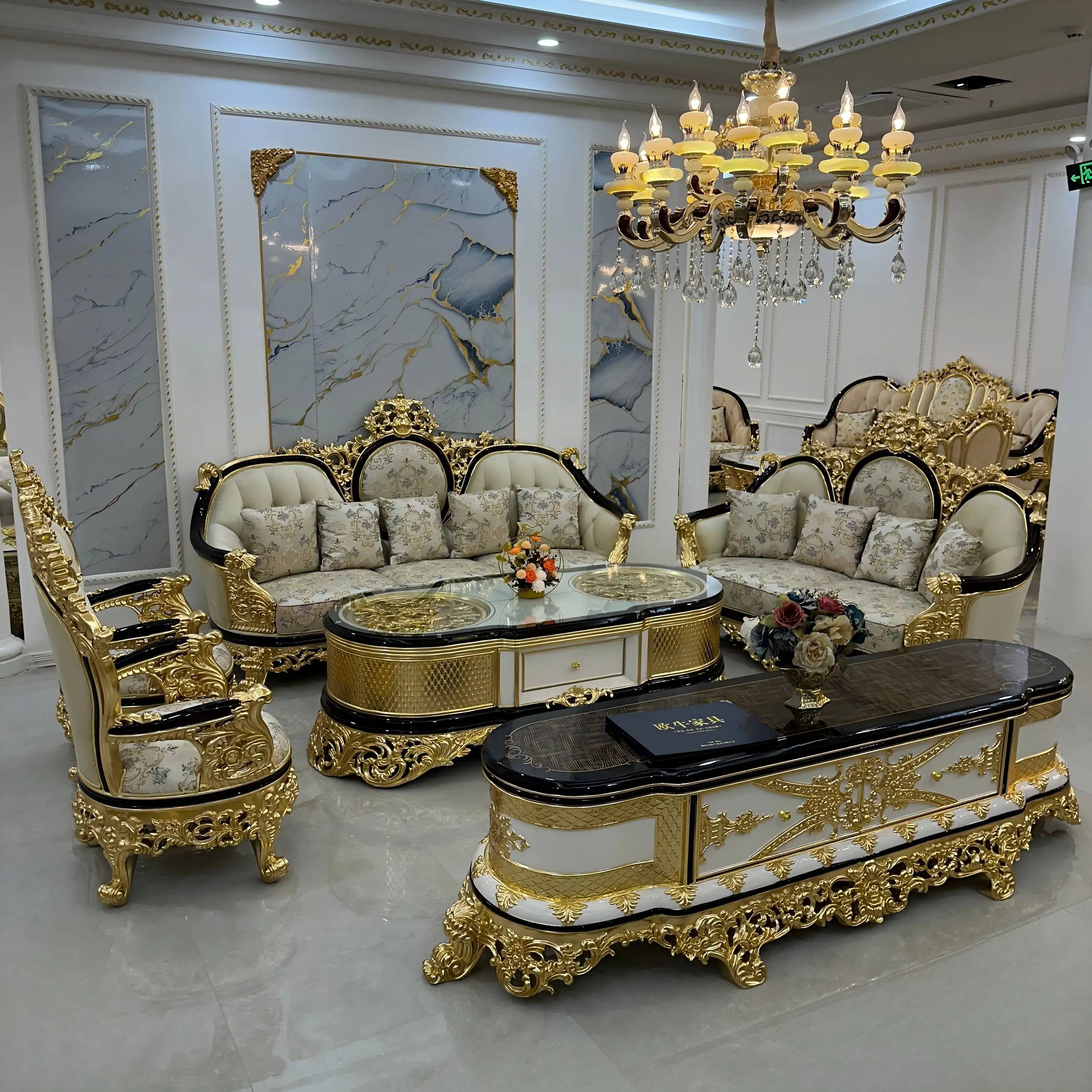 #Living Room Noble 6 Seater Sofa Set Hand Carved French American Design Solid Wood Frame Fabric Covered Removable Washable Cover