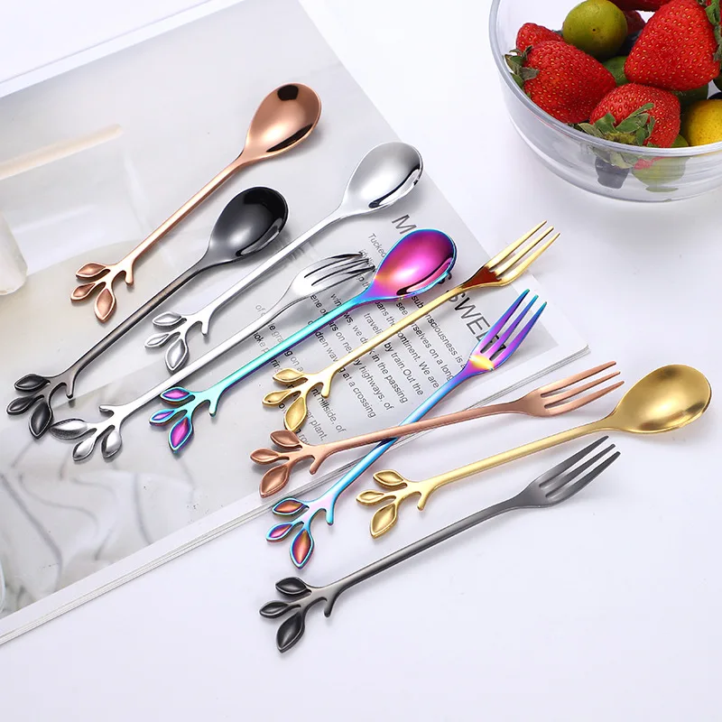 5pcs Stainless Steel Coffee Spoon Scandinavian Leaf Spoon Mixing Spoon Golden Stainless Steel Dessert Fork