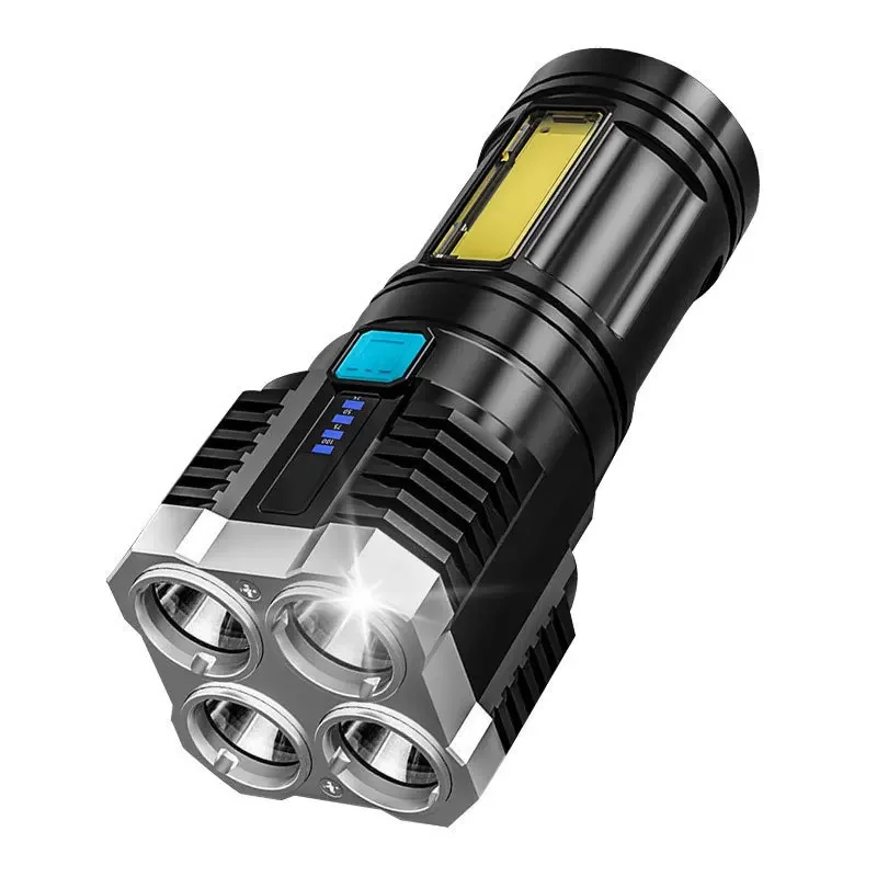 

High Power LED Flashlight with 4 Lamp Beads and COB Side Light Camping Torch Rechargeable Portable Hand Lantern 4 Modes