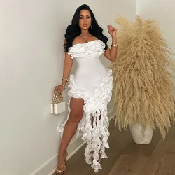 HLJ Fashion Ruffle Design Bodycon Irregular Party Club Dresses Women Off Shoulder Sleeveless Slim Vestidos Sexy Tassels Clothing