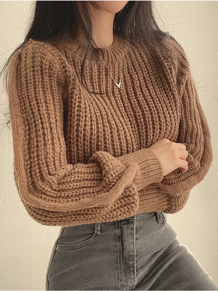 Koreaanse stijl Ins Herfst Nieuwe Niche Veelzijdige damestrui Ronde hals Taille-getailleerde Petite Cropped gebreide top