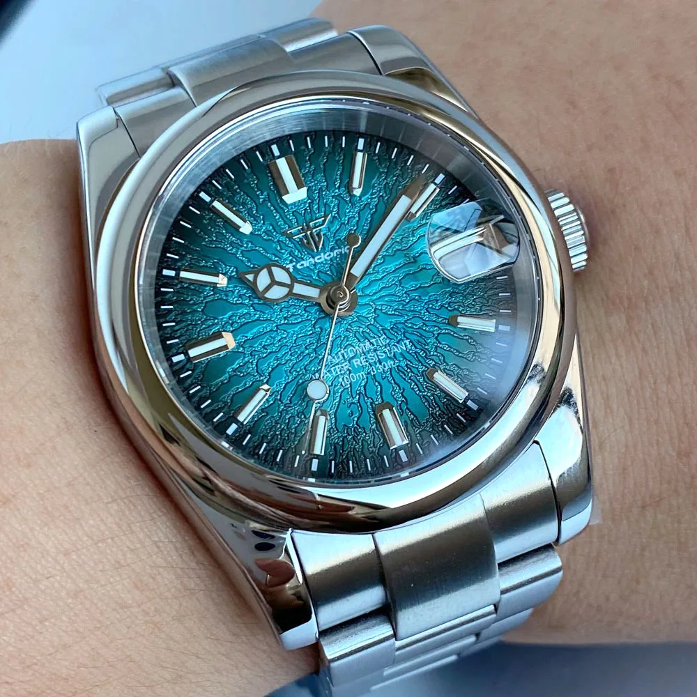 Tandorio New 36/39mm Watch Men Blue Teacup Pattern Date Face MIYOTA 8215 Luminous Marks Sapphire Glass 10ATM Steel Bracelet