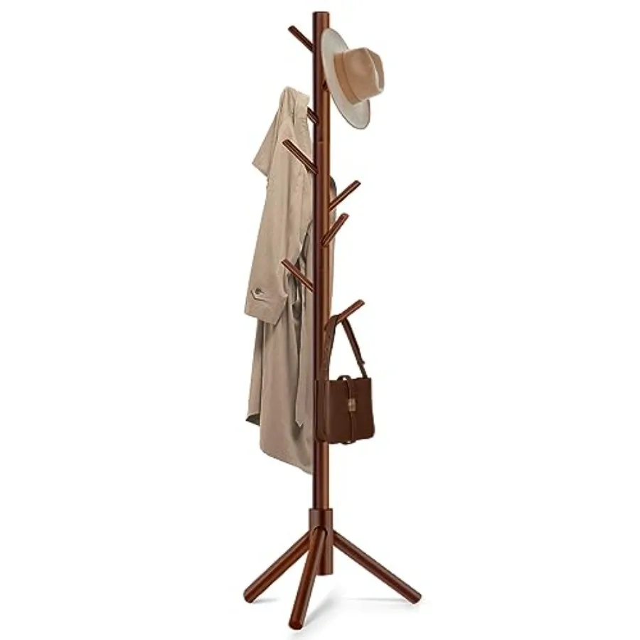 

Solid Wooden Coat Rack Freestanding New Zealand Pine Coat Tree with 8 Hooks and 3 Adjustable Sizes for Coats Hats Handbags and