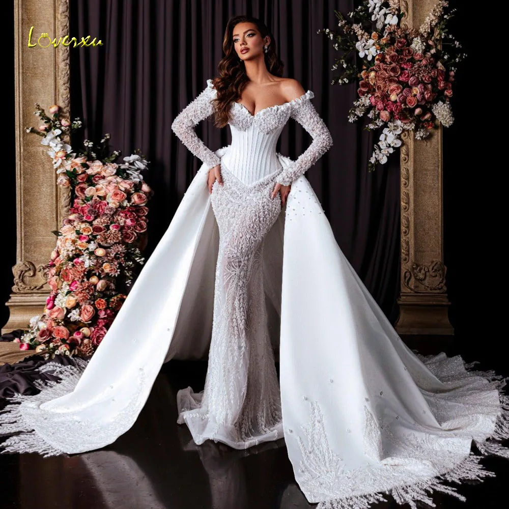 

Loverxu Mermaid Wedding Dresses Sweetheart Off The Shoulder Vestido De Novia Embroidery Luxury 2 In 1 Custom Made Bridal Gown