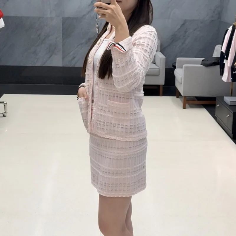 CHUJIE Frühherbst 2025 TB Set im akademischen Stil, Blasengarn und Tweed-Strickjacke und Rock, 2-teiliges Set, jugendliches schickes Outfit