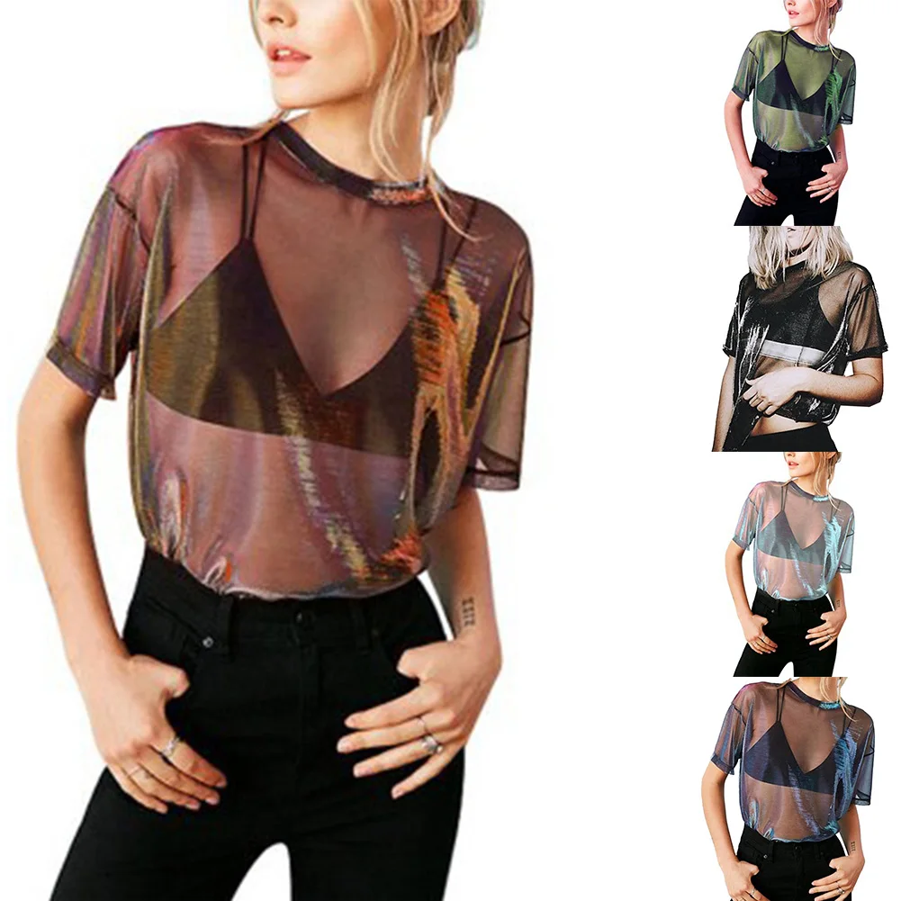TOP ผู้หญิง SHEER TOP แขนสั้นยืดเล็กน้อยสีทึบเสื้อลําลอง TEE O-คอเสื้อยืดผู้หญิงแขนสั้น