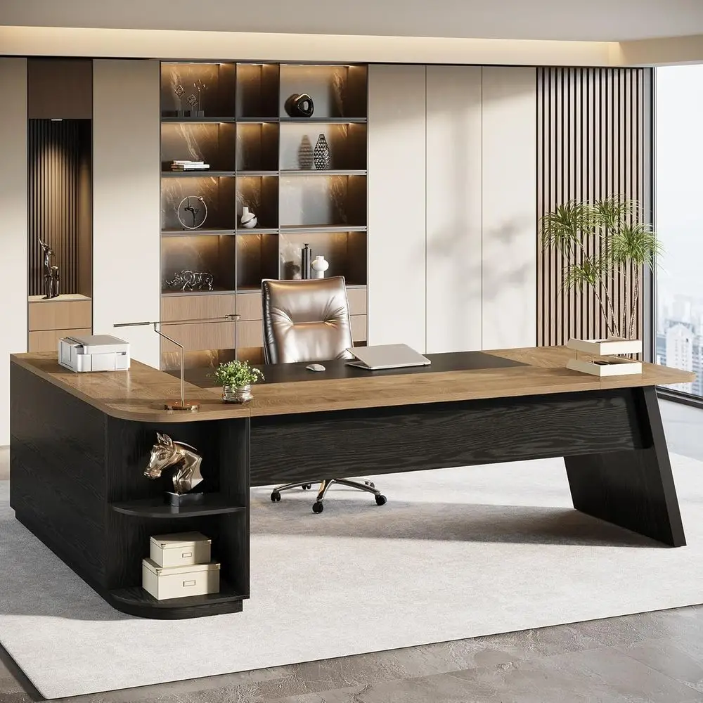 

79-Inch Executive Desk, Large Oice Desk with Cabinet, L-Shaped Compter Desk with Storage Shelves, Writing Table or Home Oice, Na
