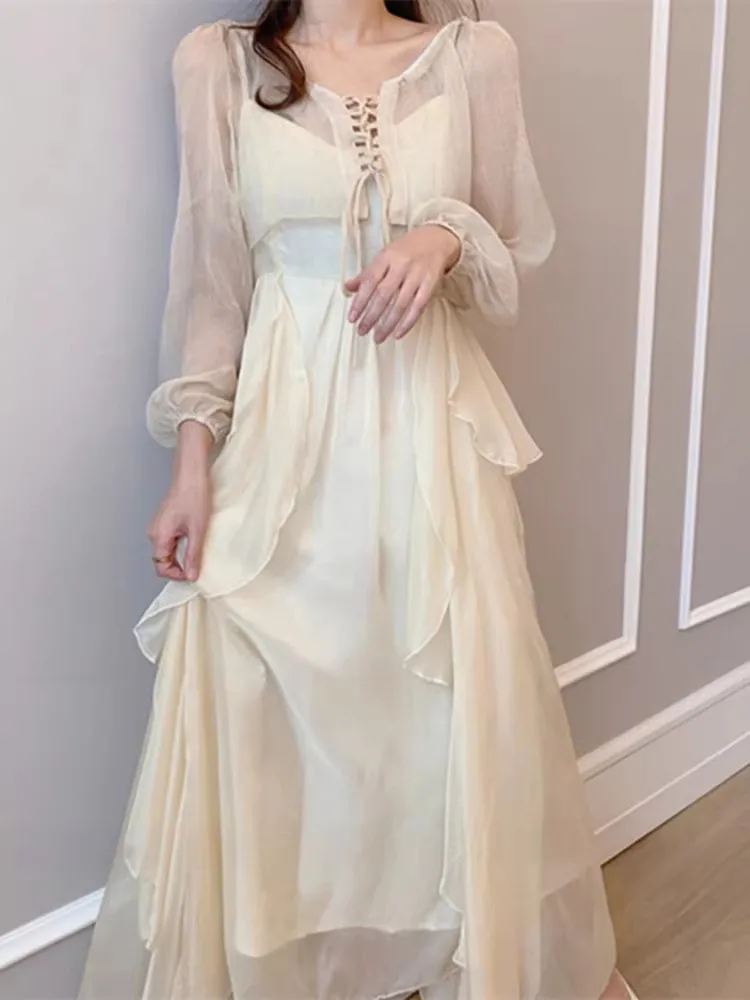 

Elegant Fairy Tale Style Long Sleeve Midi Dress Women's Summer 2026 New Forest System Drifting Gown Korean Commute Style High...