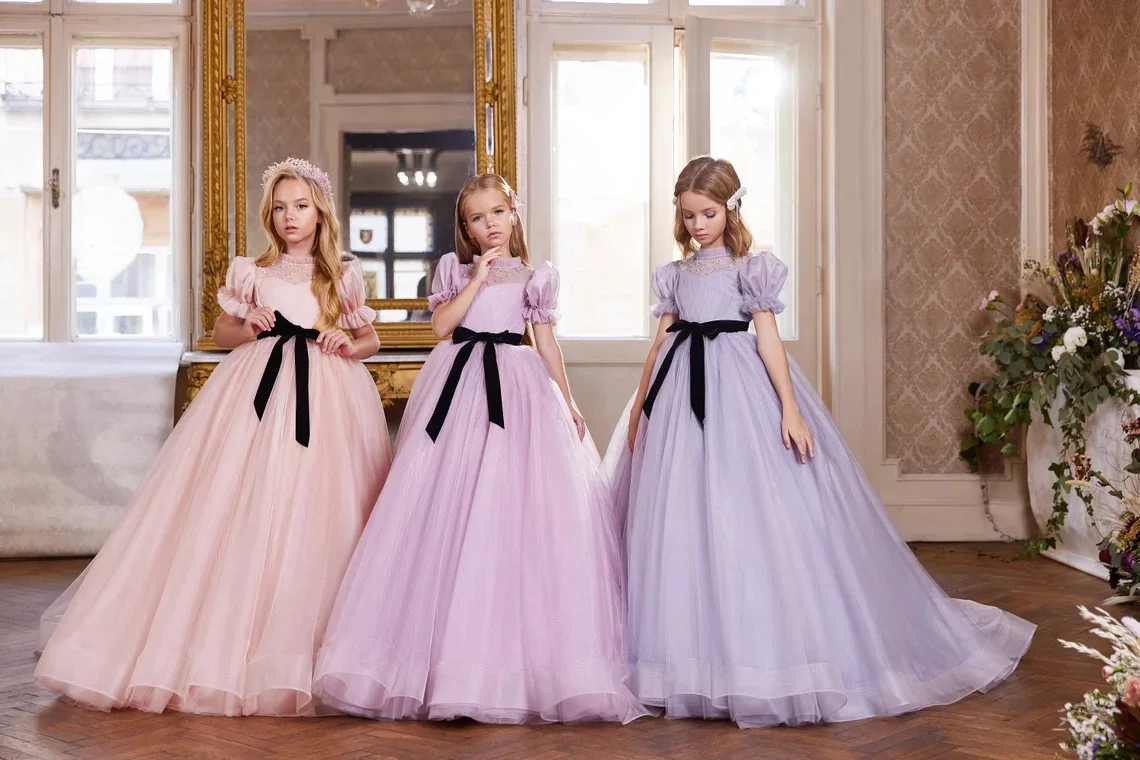 Vestido largo de tul con cuentas para niña, traje de baile con manga hinchada y flores para desfile, fiesta de cumpleaños, Princesa, primera comunión